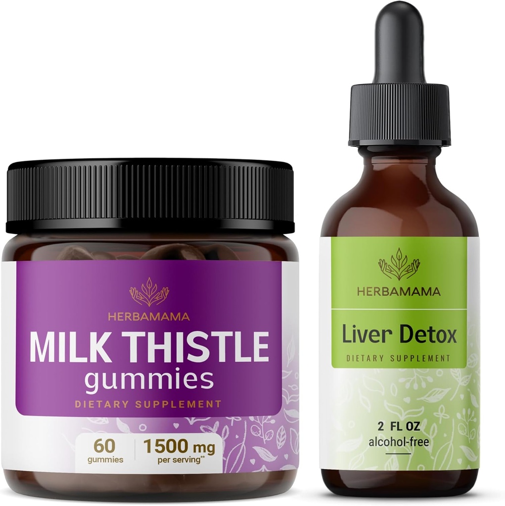 HERBAMAMA 牛奶硝酸盐和肝脏支持复合物 Kit - Bundle of Milk Tetle Gummys & Liver Detox 液态复合物 4 fl oz - Vegan, Non-GMO,无酒精 - 2 pack