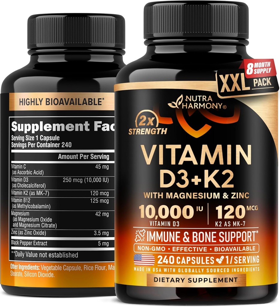 维生素D3 K2 - 维生素D3 1000 iu & K2作为MK-7 120 mcg - Immune & Mood支持,用于骨和牙齿健康 - 与镁,锌和维生素C & B12 - 高生物利用率 - 在美国制造,240 capsules