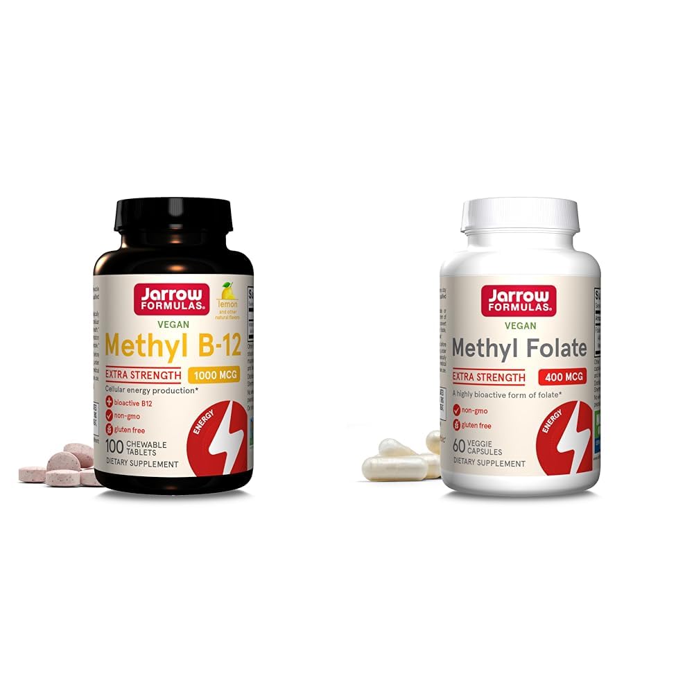 Jarrow Methyl B-12 1000mcg 100 Chewables & Methyl Folate 400mcg 60 Veggie Capsules Bundle 手机能源、脑、心血管和神经健康支助