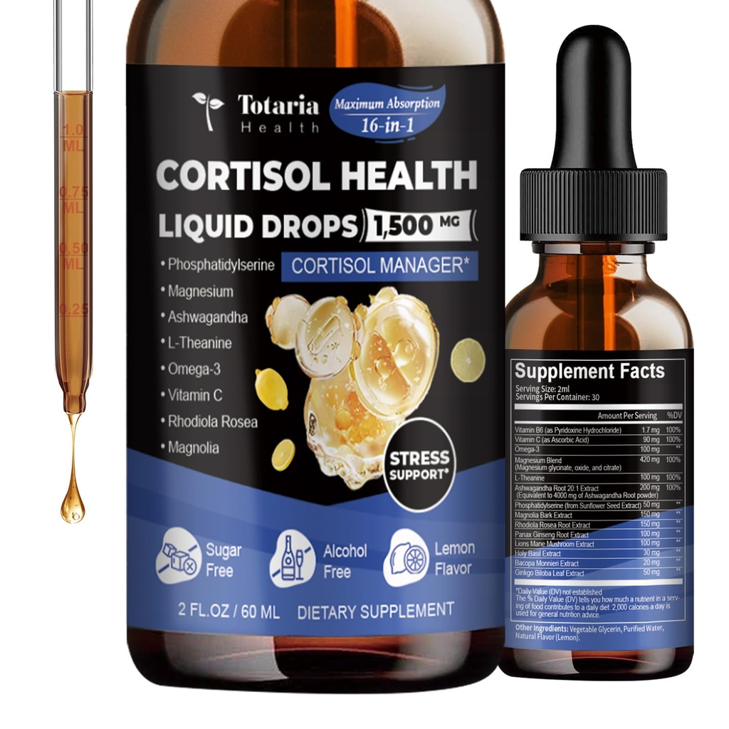 Totaria 皮质溶液补充液滴 混合镁混合物的男性荷尔蒙平衡物 Ashwagandha、Rhodiola Rosea、L Theanine、Phosphatidylserine 补充物 Mood、Focus、睡眠支持 2 FL.OZ