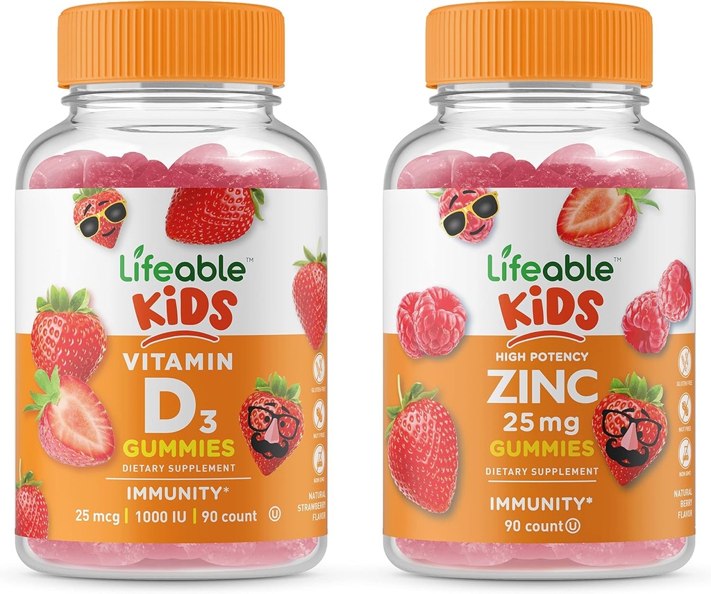 活化锌 25mg 儿童 + 维生素D 儿童 gummies Bundle - Great Tasting, Vitamin Supplement, Gluten Free, GMO Free, Chewable Gummy - 口味大, 维生素补充, Gluten Free, Gluten Free, GMO Free, Chewable Gummy - 口味大