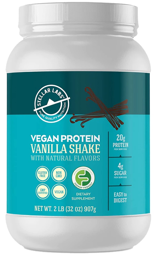 Stellar Labs Vegan蛋白粉 配有 BCAA 的 & 抗氧化剂 QQ 认证 低FODMAP , 非 GMOO , Gluten Free, Soy Free, Low Carb 配有 Stevia QQ Lean Plan Protein Powers shakes | Vanilla 配有 Stevia 植物基蛋白粉