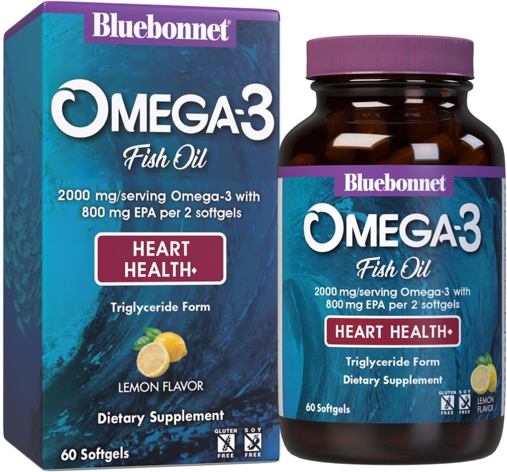 Bluebonnet 营养 Omega-3 心脏配方 自然野生捕捉 Triglyceride 表格 DHA 600 mg EPA 800 mg - 高度集中的心脏健康支持补充 - Gluten-Free - 60 Softgel