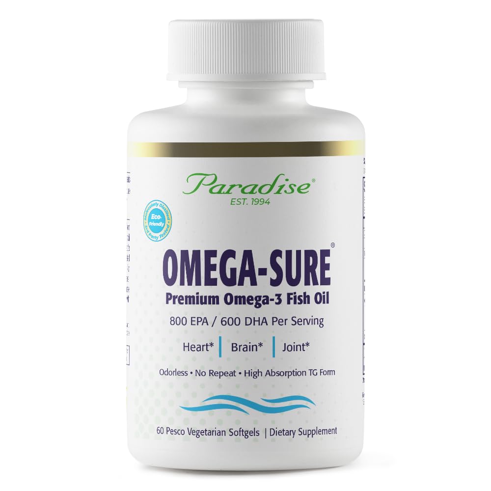 Paradise Herbs Omega-Sure, Omega-3 Communication, Premium Fish Oil, DHA, EPA, Vegan, NN GMO, Gluten Free, 60 维吉特软胶