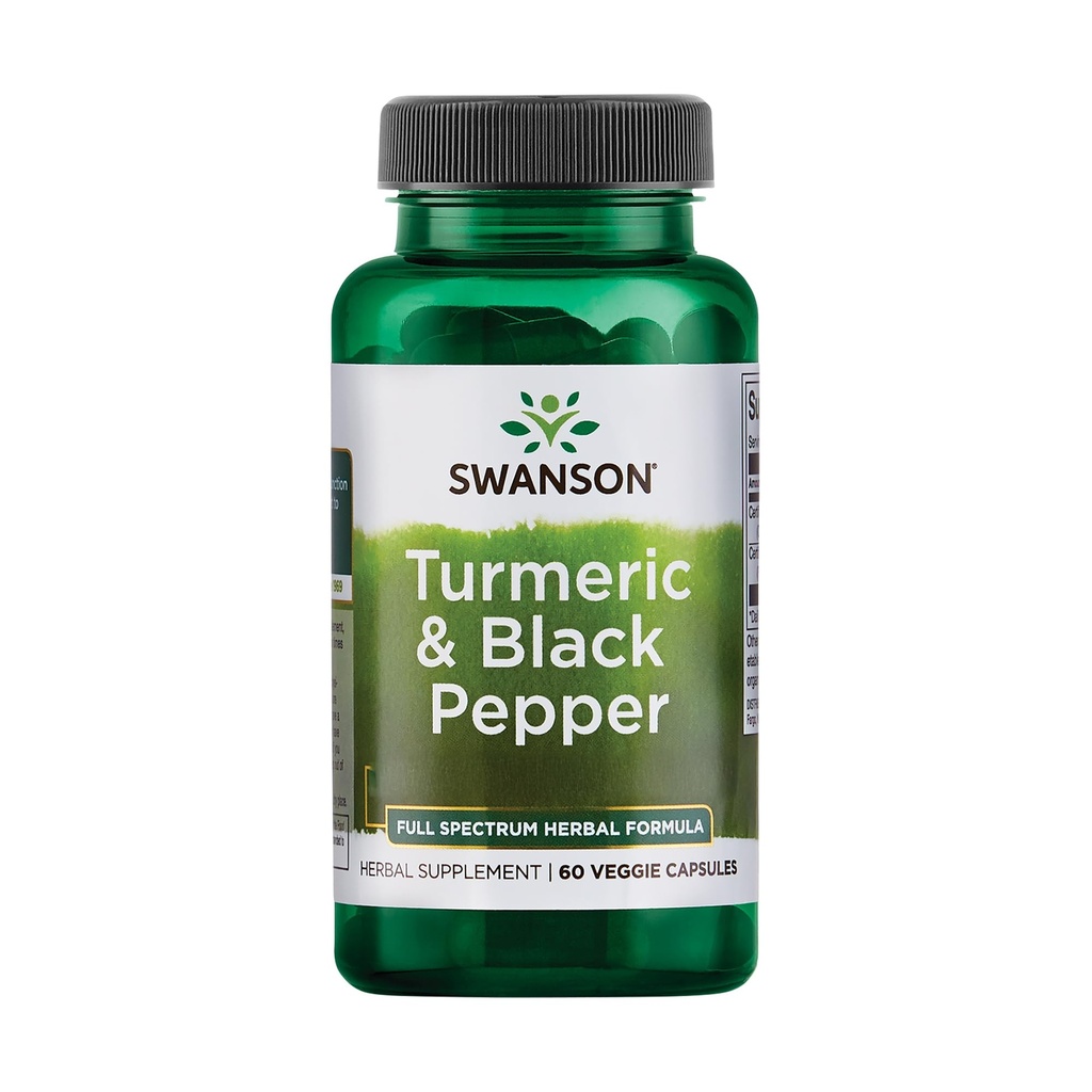 Swanson Turmeric & Black Pepper - 有机联合健康,心脏健康,文摘, & Liver支持补充 - 增强生物利用率和吸收的自然公式 - (60 Veggie Capsules)