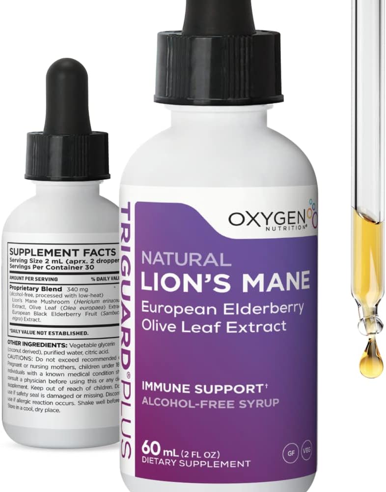TriGuard Plus Lions Mane - Lions Mane Nootropic, 橄榄叶, Elderberry 提取液滴 Tincture 2 fl oz QQ 精神清晰度,焦点,记忆,免疫支持与能源 QQ 无酒精,非GMO,美国制造