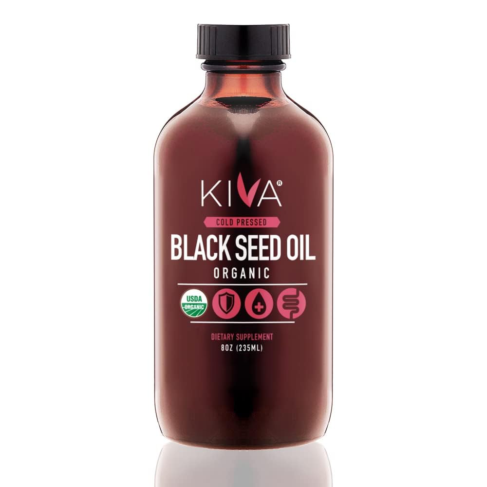 Kiva Organic Black Seed Oil - Ultra High 3X Thymoquinone (TQ), Cold-Pressed, 100% Turkish Nigella Sativa Seed Oil, All-Natural Non-GMO Supplement - Vegan, 8 oz (235 ml) Glass Bottle
