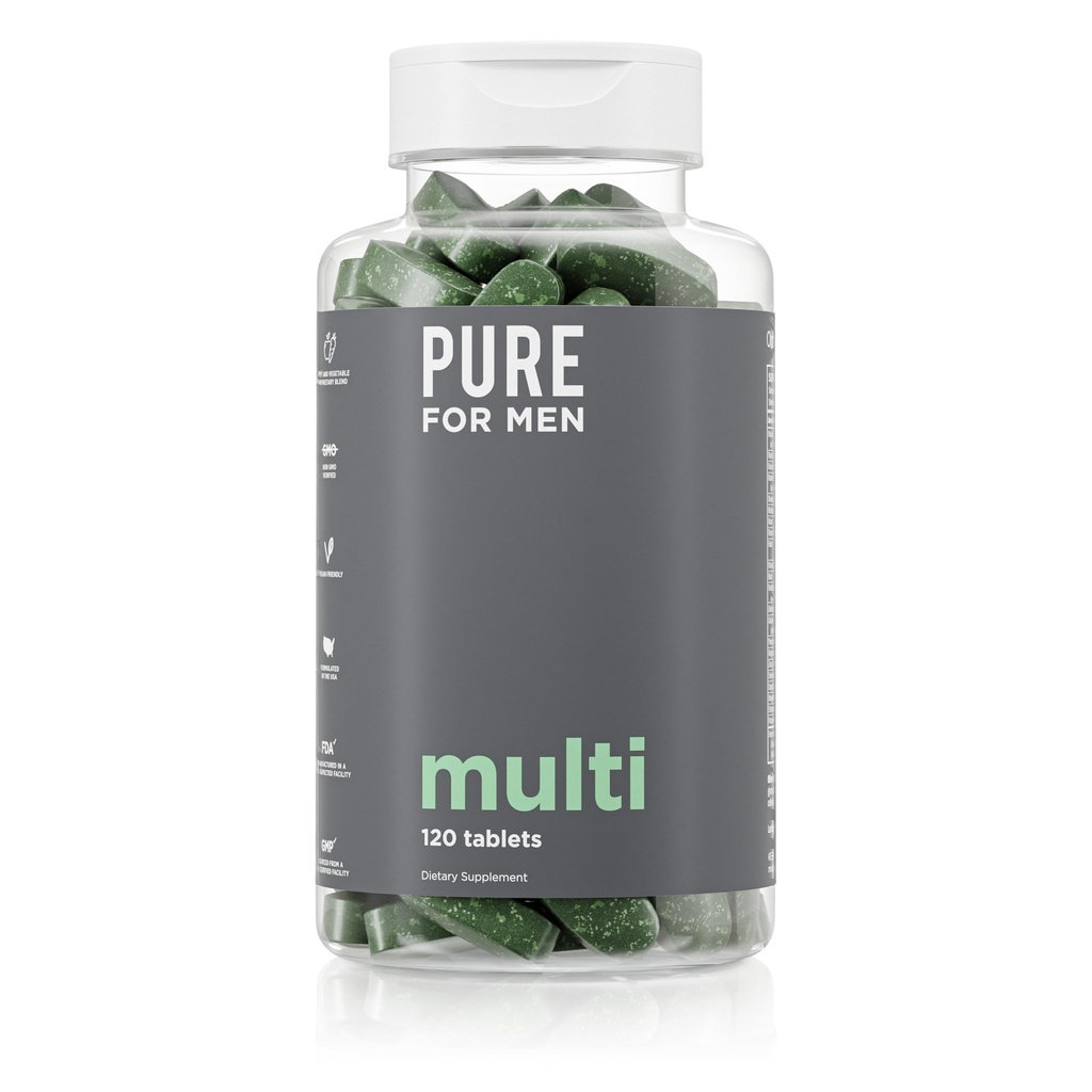 Pure for Men Multivitamin Supplement | Energy, Mood Support, Strong Bones, Antioxidants, Minerals | Vitamins A, B, C, D, Magnesium, Calcium | 42 Fruit & Vegetable Proprietary Blend | 120 Vegan Tablets