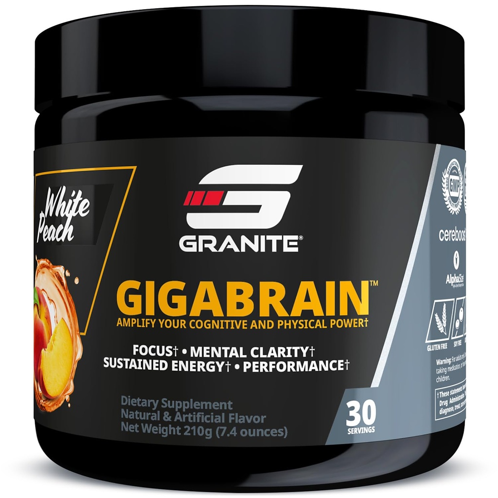 花岗岩营养 GigaBrain Nootropic Energy Powder – Cereboost, Alpha-GPC & ElevATP – 可持续能源和性能认知焦点补充 – 白桃, 30 服务
