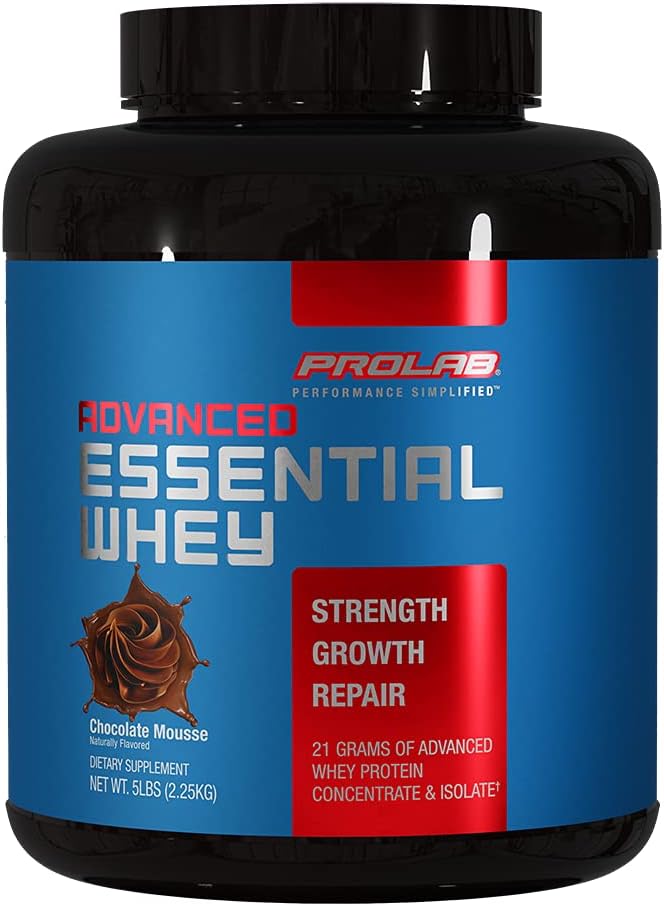 ProLab 高级必需Whey蛋白粉,21g蛋白,Whey Community & Isolate Blend 与 BCAAs 和 肌肉支持与恢复的消化酶(Chocolate Mousse, 5 LB)