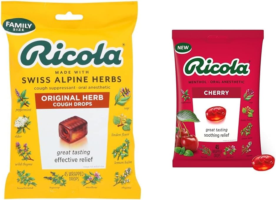 Ricola 原始天然草药 抑制性喉咙滴液 45滴液 自然抗咳 自然抗咳 自然苏打 救济和樱桃喉咙滴液 45滴液