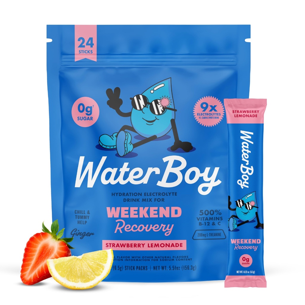 Waterboy Weekend Recovery | 3,200mg Electrolyte Powder Packets | Ginger + L-Theanine + Vitamins | No Sugar, All Natural, Gluten Free | 24 Drink Stick Mixes (Strawberry Lemonade)