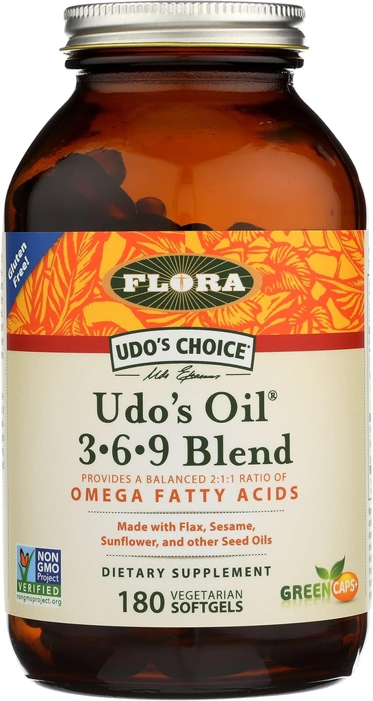 Flora Udo's Oil 3-6-9 Blend - 包含有机椰子, Flax种子油和更多 - 180 蔬菜软胶