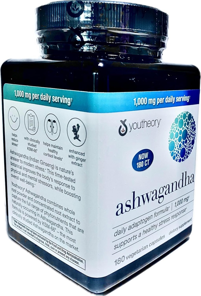 普通Ashwagandha 补充有机 KSM-66 Ashwagandha 蔬菜补充180卡普尔,每日服务1000毫克,帮助支持健康压力管理应对,珍珠白