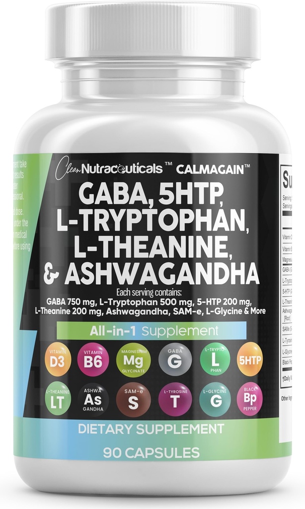 GABA 750mg 5 HTP 200mg L Tryptophan 500mg Theanine 200mg Ashwagandha SAM-e L-Glycine - 用L-Tyrosine 5-HTP(5-Hydroxytryptophan)支持妇女和男子维生素