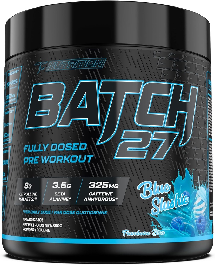 TC 营养批量 27 工作前粉 - 8g Citrulline, 3.5g Beta Alanine, 2.5g Betaine, 325mg Cafeine QQ 即时能量, 聚焦, 泵, & 强 QQ 氮氧化物助推器 20 sv(蓝色 Slushie)