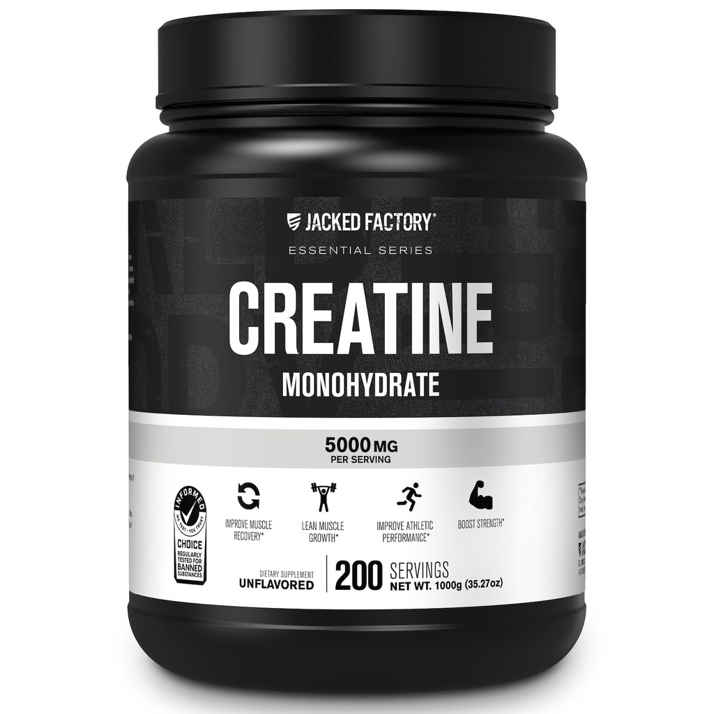 Jacked Factory Creatine Monohydrate Powder 1000g - 5g Daily Creatine Supplement for Men and Women, Vegan-Friendly, 第三方测试 - 200 services, Unfavor