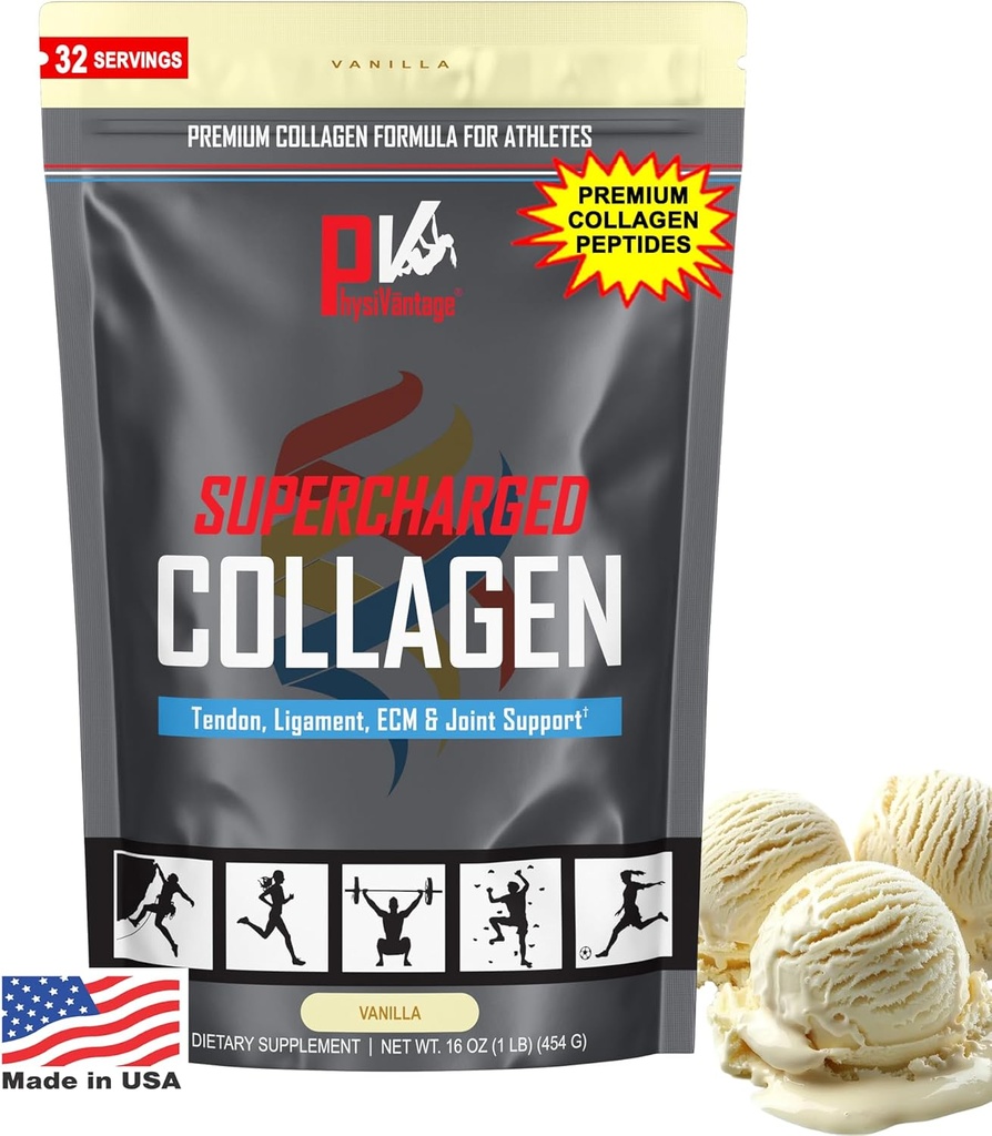 PhysiVantage超充电Collagen Peptides Powder - 用于联合、Tendon、支线、皮肤健康支持的氢化Collagen - Vanilla、Keto、Paleo, 16oz → 增强维生素C、BCAAs、草药