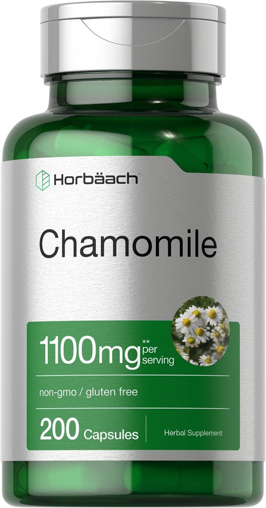 Horbäach Chamomile Flower Extract \ 200 pills \ 1100mg Capsules \ Non-GMO, Gluten 免费补编