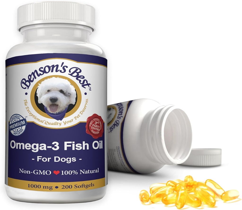 Benson's Best Omega 3 Fish Oil for Dogs - Provides 43% More Omega 3 Fatty Acids Than Salmon Oil - 200 Softgels 1000 mg - 100% Pure, Non-GMO, Natural Pet Food Dog Fish Oil Supplements