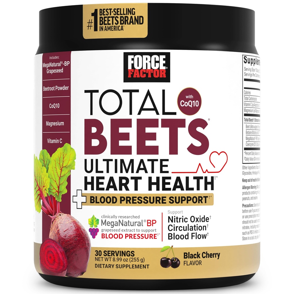 强因子 总 Beets Ultimate Heart Health Blood 血压支持 CoQ10, Beet Root Powder, Grape种子提取, 血压补充流通,黑樱桃, 30 services