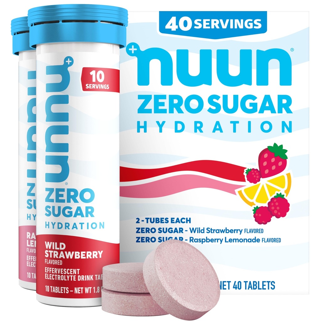 Nuun 零糖水解电解片-镁、钙、钾、氯和钠、轻质和美味水果火焰、无糖、无胶、维冈、混合莓4包装(共计40种)