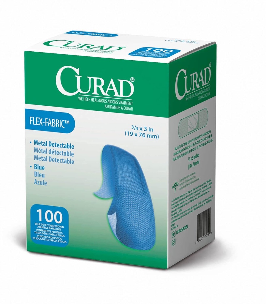 CURAD 食品服务 金属可探测蓝纤维 粘合剂 3/4"×3",100包