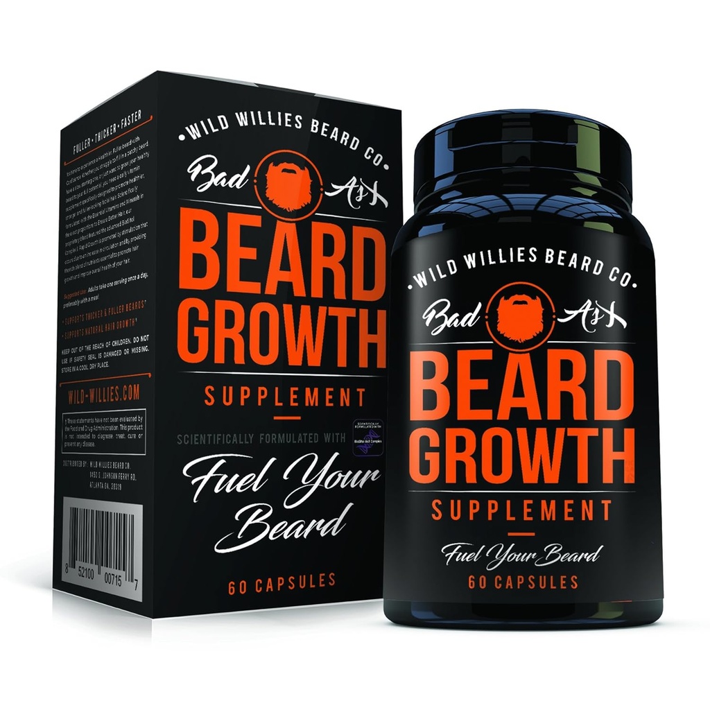 野生威利的曼斯卡佩猪笼草(Manskape Co Beard Growth Vitamins by Wild Willishs) - 自然更快的毛发生长 - 60枚带生物素的盖子 - 生长一种Thicker, Fuller Beard and Mustache Today.