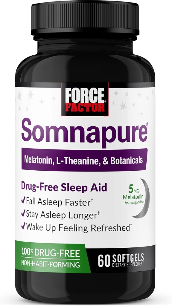FORCE FACTOR Somnapure Softgels Sleep Asfall Asleep faster, stay Asleep Longer, Wake Up Wreating, 成人睡眠援助 与梅拉托宁, Ashwagandha, Valerian Root, 和柠檬浆, 60 软胶