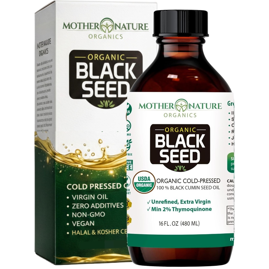 母性 USDA 有机黑种子油 – 冷压,未精炼 & Vegan Nigella Sativa, 高Thymoquinone(2%+), Omega 3 6 9 for Imune, Joint & Heart Support, Hair & Skin, Non-GMO, 16oz