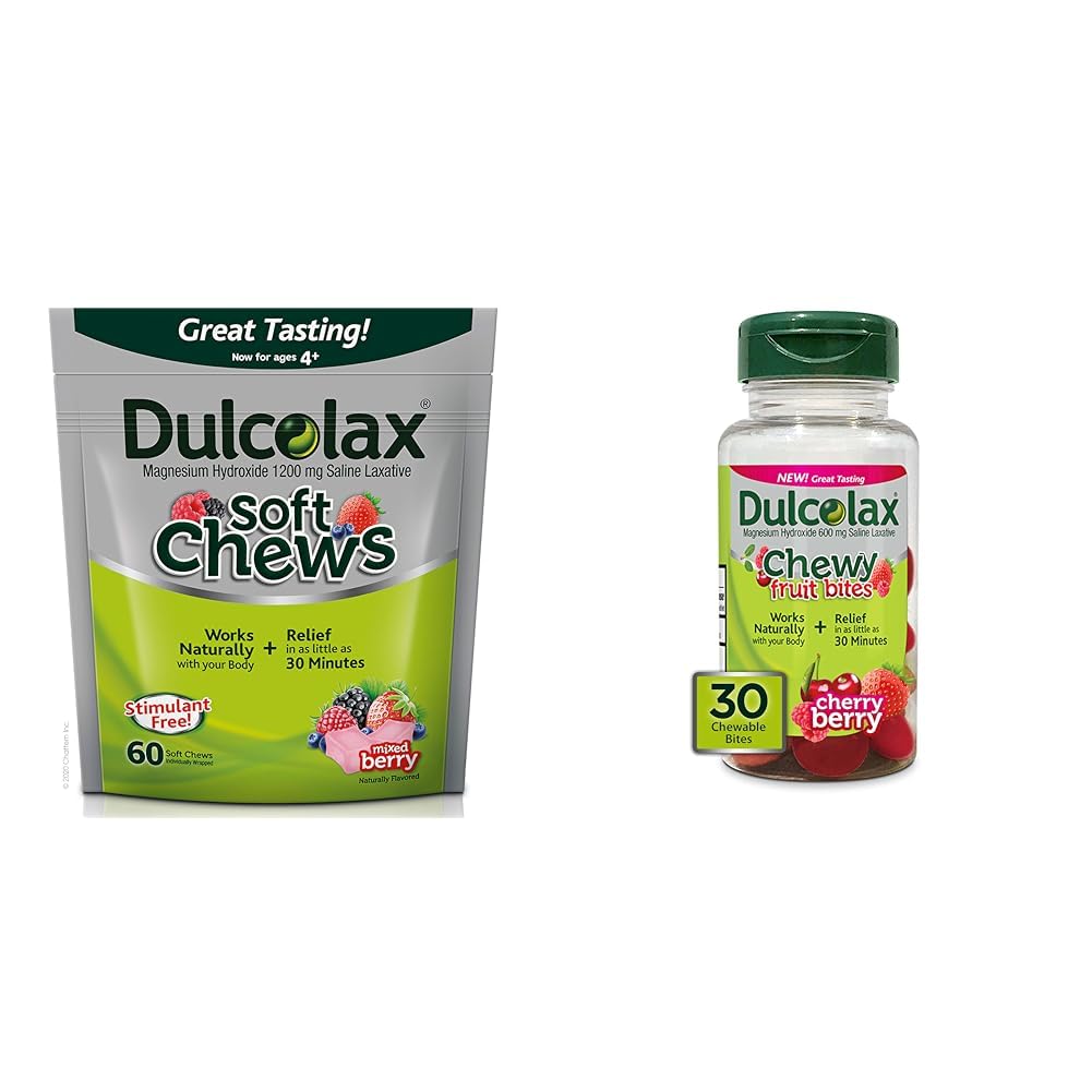 Dulcolax Soft Chews Saline Laxative 混合莓(60cmt) Gentle 便秘救济 & Chewy 水果比特, 盐酸盐,樱桃莓(30cmt) Crump-free 便秘救济