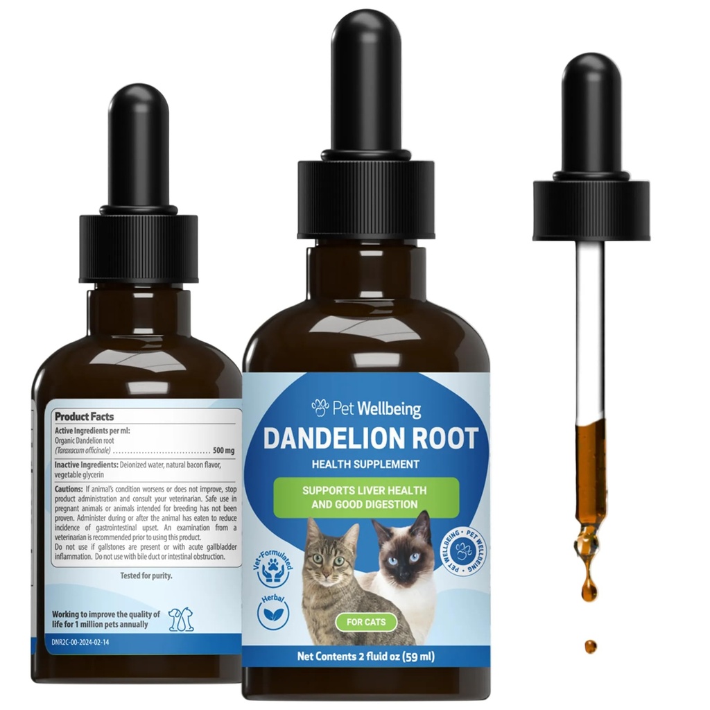Petwelling Dandelion Root for Cats - Liver & Heart Health, 消化功能,血糖支持, 认证有机体 - 兽医-缩写草药补充剂 2 oz (59 ml)