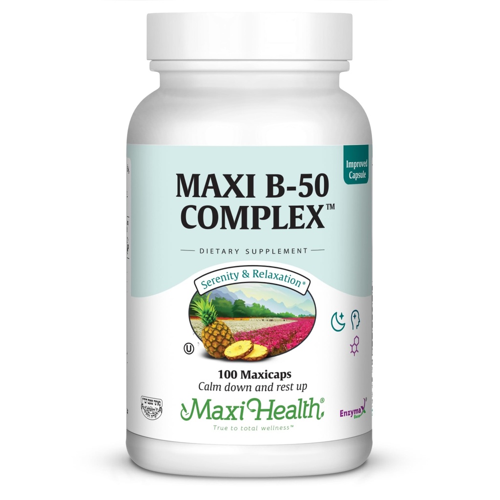 Maxi健康维生素B 复合体 – 高概率B 复合体 维生素B-50与B1,B2,B3,B6,B12,Biotin & Folate – 支持细胞能量和精神清晰度 – Kosher – 100 Capsules
