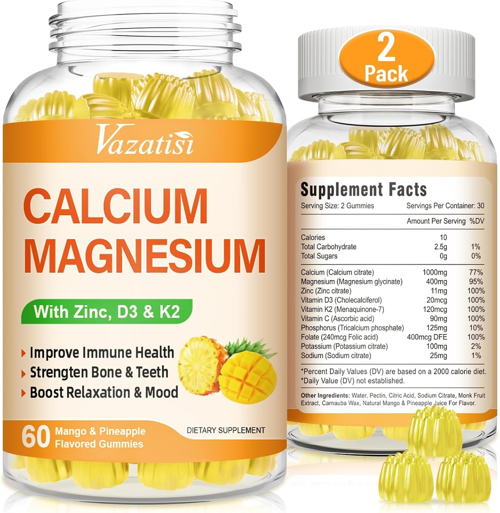 含有维生素D3和K2的镁锌酸钙,高吸收性镁甘油钾用于Immune和Calm Mood,Vegan Mango和Pineapple Flamies 120 Gummys