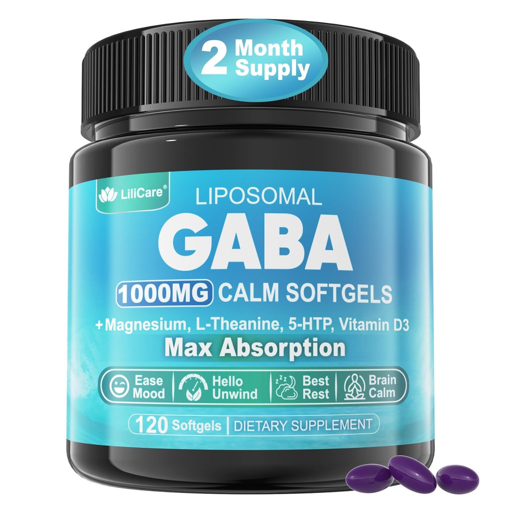 GABA 补充剂 - 1000 mg Liposomal Form for Optimal Absolute, GABA 与 L-Theanine, 甘油镁, 5HTP, 维生素D3 用于冷静,放松, Mood, 休眠之夜 - Melatonin - Free 120 Softgels.