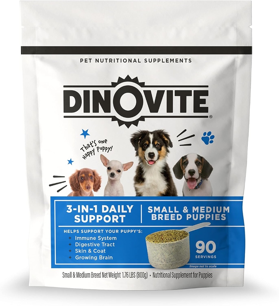 丁诺维特3 in 1 Puppies, Skin & Coat, 消化卫生和联合救济, 狗食品顶层, Salmon Oil, Glucosamine, 过敏救济和Itch救济皮肤护理, 90 services (Puppy)