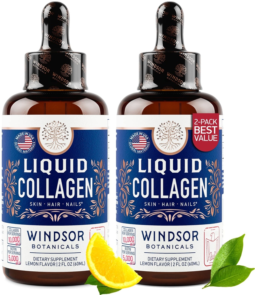 WINDSOR BOTANICALS 男女液体凝胶 - 头发,皮肤,钉状维生素 - 柠檬Flavor Colagen Peptides 头发生长饮料 - 5,000mcg Biotin,10,000mcg - 美国制造 - 2x2oz