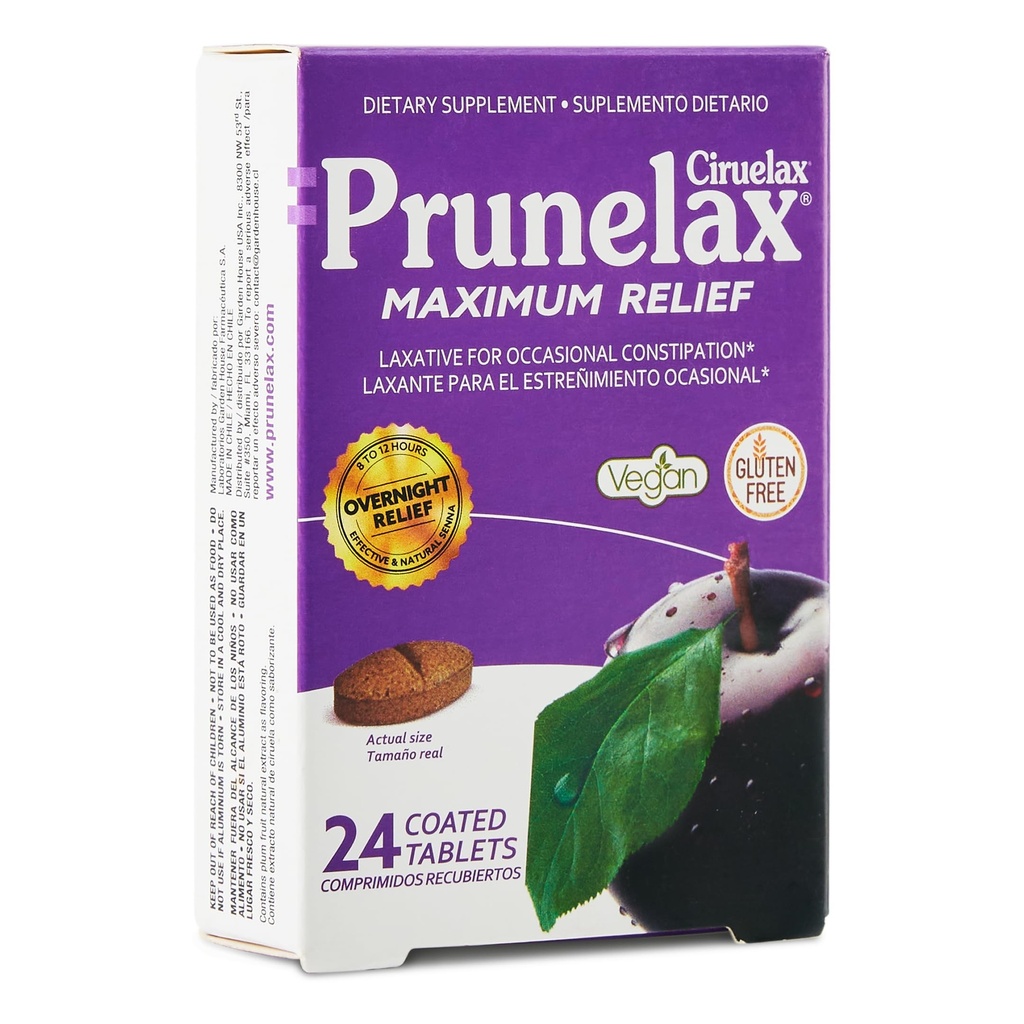 Prunelax Cirulelax 最大救济副药片,附自然塞纳用于偶发便秘、塞纳提取、Vegan & Gluten-Free、Gentle Overnight Relief - 24ct