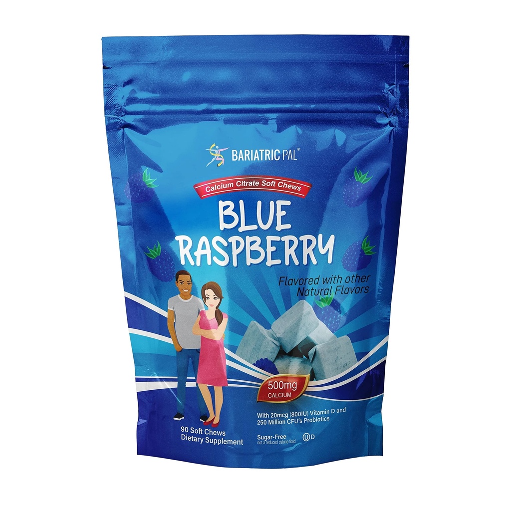 BariatricPal 无糖钙 Citrate Soft Chews + 500 mg 配有维生素D和抗生素 + 蓝莓 → 90 Counter (一个月供应)