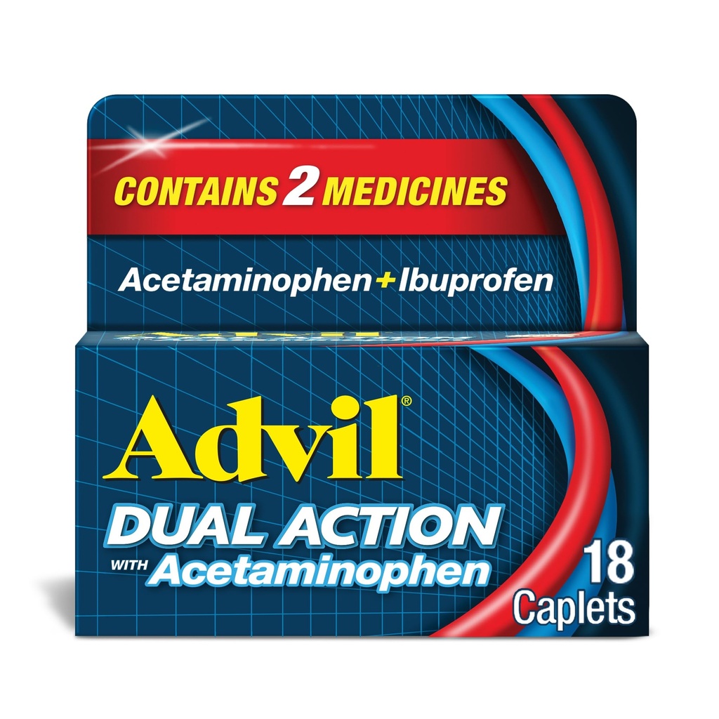 与乙酰氨基苯、125mg Ibuprofen和250mg Acetaminophen 混合的双行动卡片,用于8小时疼痛缓解 - 18个计数