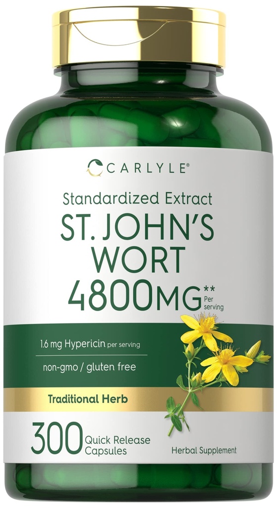 Carlyle St John's Wort Capsules + 4800mg → 300 Counter → Non-GMO & Gluten Free Supplement → 标准化摘录