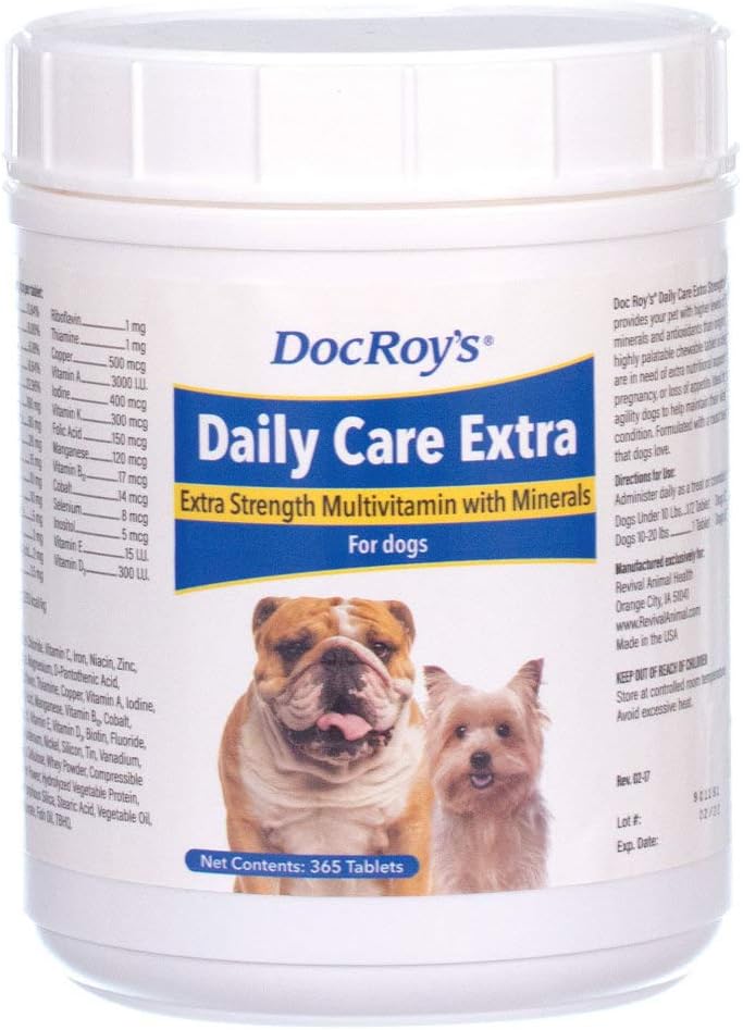 罗伊医生的"每日护理外援"(Doc Roy's Daily Care Extra),"狗的高级多维特敏","支持能量","免疫","肌肉","骨骼"和"脑健康","提供维生素A C D3 E B Complex","铁锌镁碘","美国制造"365 ct.