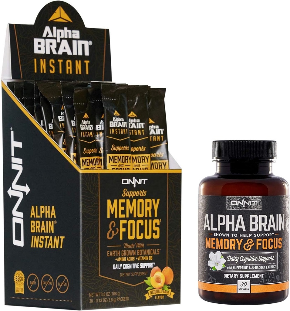 ONNIT Nootropic Stack - Alpha Brain Capsules (30ct) + Alpha Brain Instant - 天然桃仁(30ct)