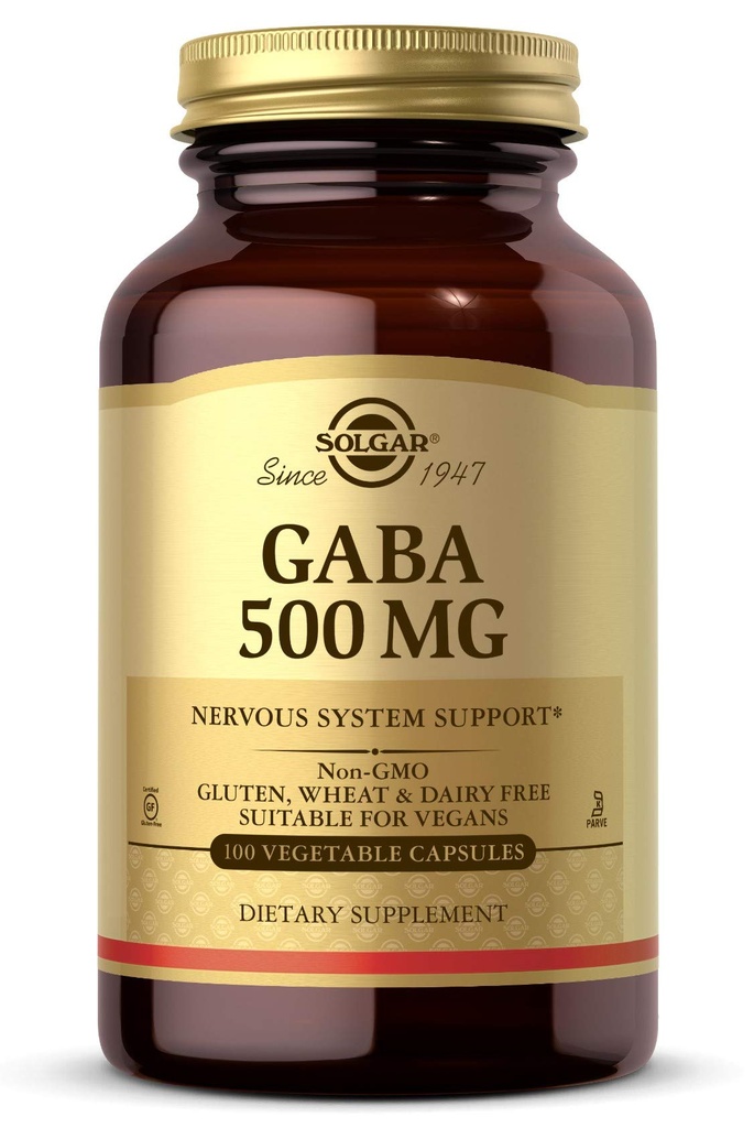 Solgar GABA 500 mg, 100 蔬菜瓶盖 - 放松和神经系统支持 - 氨基酸 - 非GMO, Vegan, Gluten Free, 奶制品 Free, Kosher - 100 服务