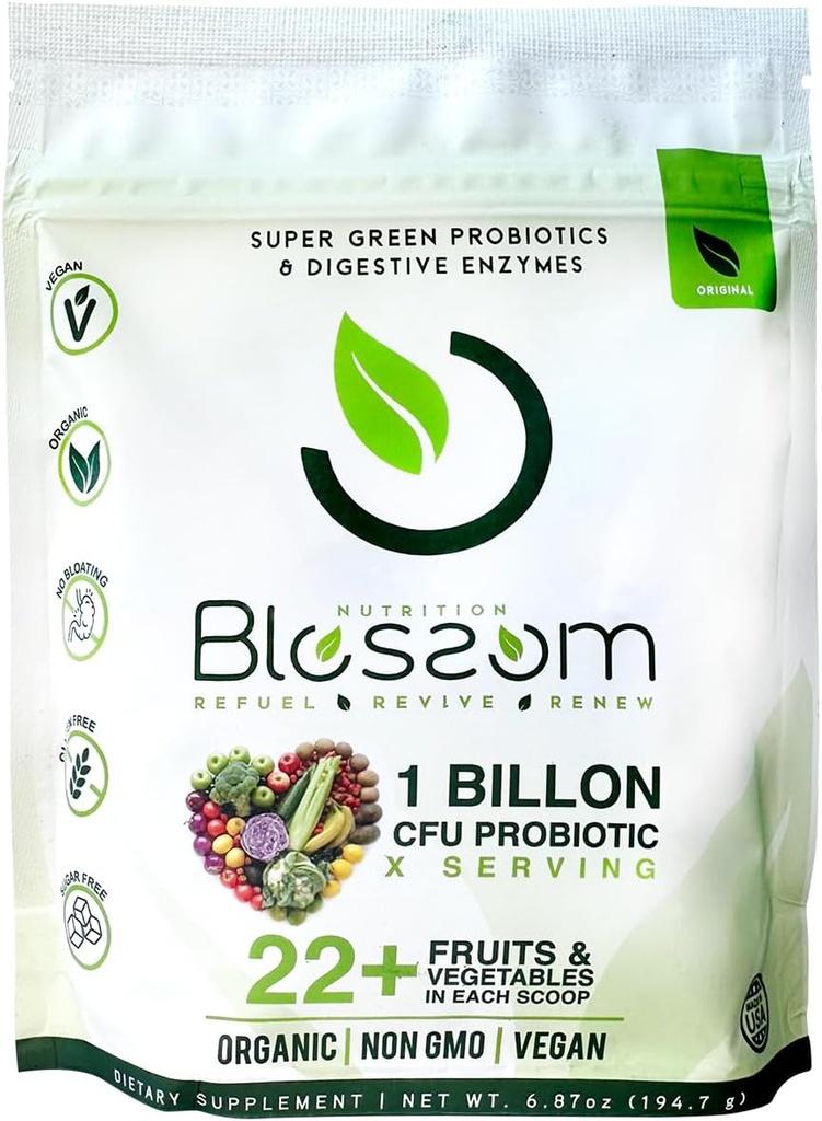 Blossom SuperGreens Probiotics – 带有预/ProBiotics的消化酶促进布洛特解脱 – 30+ 超Greens & SuperReds to Boost Energy – Organic, Gluten-Free, No Fiber, 0g Sugar (Lemon Citrus) (英语).