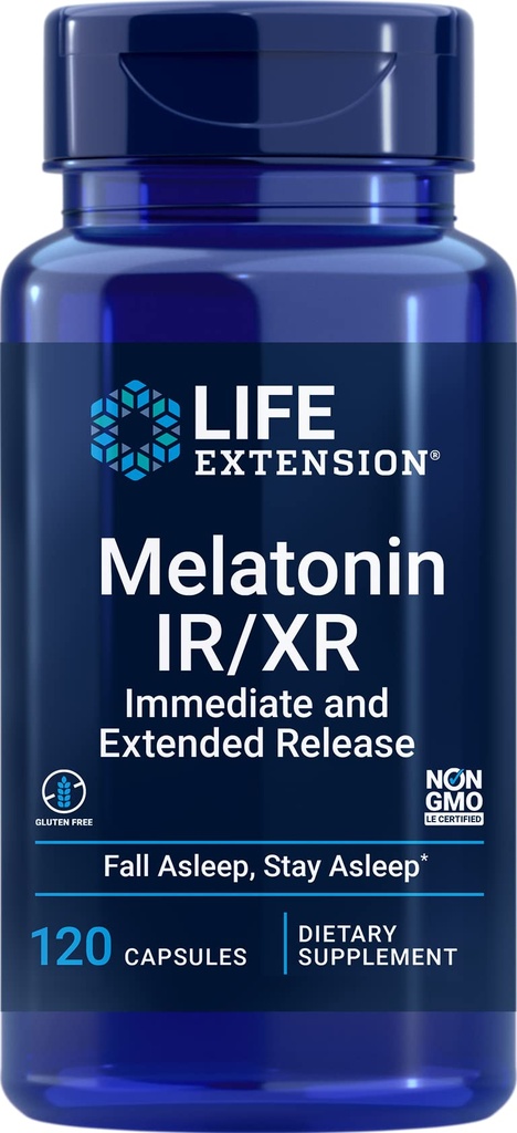 寿命延长 Melatonin IR/XR 120 Capsules - 即时 & 7小时扩展 - 释放 - 夜间时间补充 - 支持保持睡眠 - 非GMO, Gluten-free