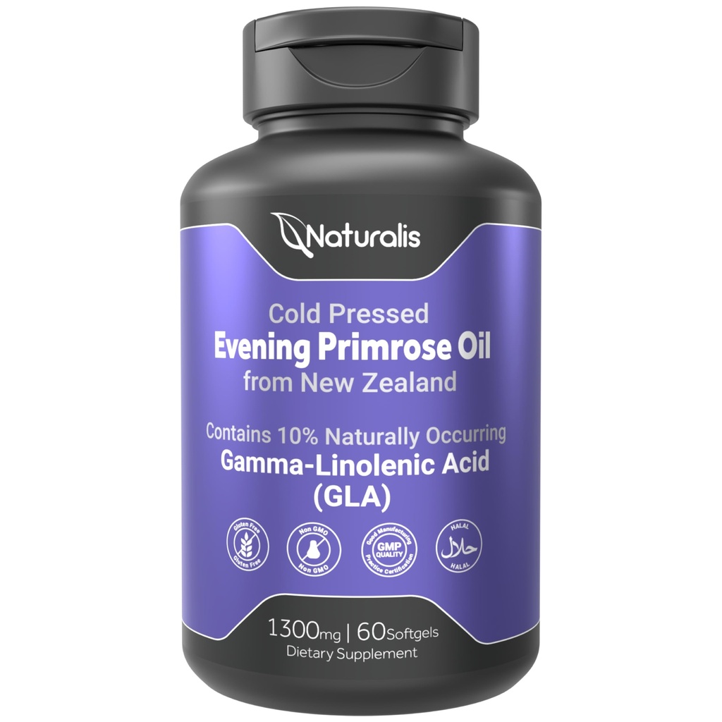 Naturalis Evening Primrose Oil(1300mg) 100% 天然产自新西兰 | Non-GMO, Soy & Gluten Free, Zero filler | 60 软胶