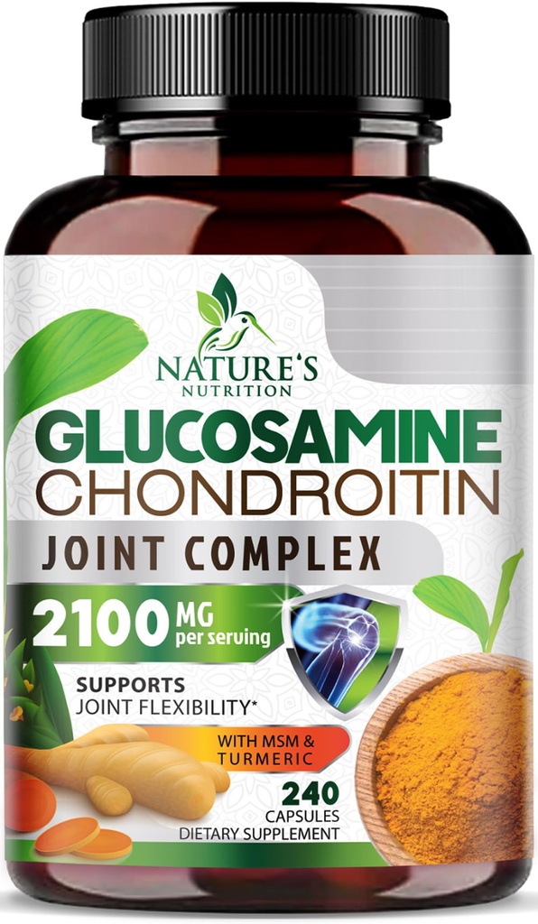 Glucosamine Chondroitin MSM 2100mg Complex - 与Turmeric & Boswellia,三强Glucosamine Supplements - 240 Capsules 联合流动和男女舒适联合支助补编