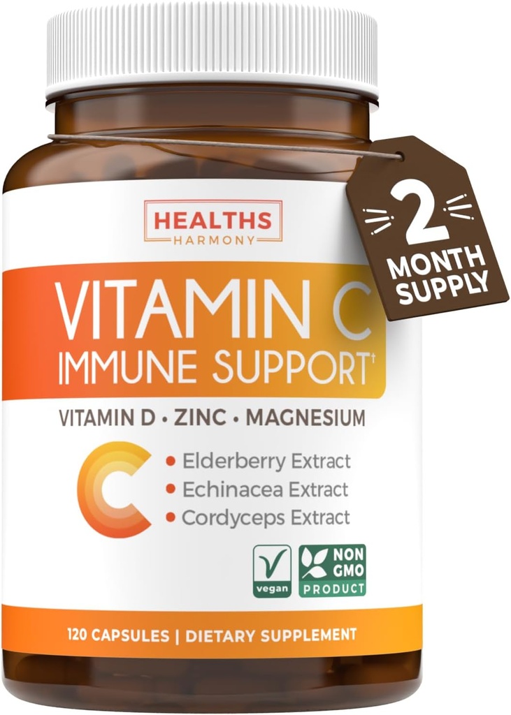 维生素C 免疫支持补充剂 - Immune Boost 混合剂与老莓维生素C 和用于日常和季节支持的锌 - 镁锌VIT C & D 和草药防御综合体(2个月供应)
