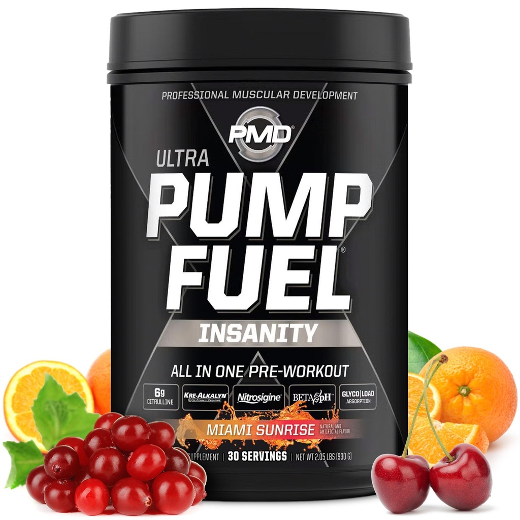 PMD 运动泵燃料 Ultra Insanity - Premium Prewout Powder & Muscle Pumn, 更聚焦,耐力和复苏,Premium Creatine, Arginine & Beta Alanine - Miami Sunrise (30位服务员)